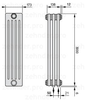 Схема (чертеж) Радиатор Zehnder Charleston 5300/3 №5510 Белый глянцевый RAL 9016
